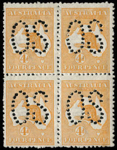 1913 (SG.O6) 4d Orange, perforated Large OS, block; one toned perf at foot. A particularly scarce stamp in multiples.