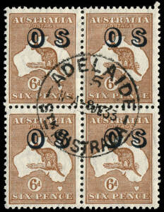 6d Chestnut (CofA wmk) block, CTO at ADELAIDE. Unusual multiple.,100"