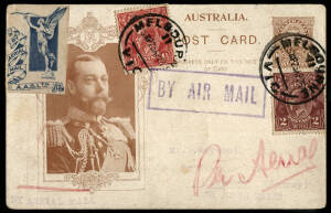 1926 (Apr.23) (H&G.4.3) 1d Red-brown KGV Coronation card correctly up-rated, 1&frac12;d + 2d to 4&frac12;d, and flown Melbourne - Sydney. Endorsed and h/stamped Air Mail, plus 'Angel' vignette on the front. H/stamped Air Mail, plus Newtown receiving csd on the reverse.