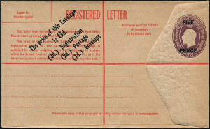 1928-30 (H&G.C26,27,28 & 29) KGV Sideface 4&frac12;d Violet Embossed Oval: With New text, standard size, mint and used 1931 Maffra - England, uprated with 6d Roo + KGV &frac12;d Orange; Long envelope, 225 x 100mm, mint x2 (1 endorsed but not sent); Overprinted at left,