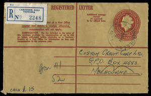 1965 (R44) QEII 2/5d red/yellow, embossing printed in Helecon ink: 3 examples used 1966 (Jan.) from Carnegie, Chelsea and Bundoora - Melbourne. Cat.$600.