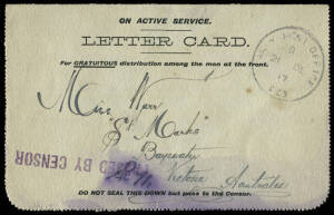 c.1915 (ASC.X1.2) Gratuitous distribution LETTER CARD. "From the Staff of the Commonwealth Stamp printing Office, Australia." at the base on reverse. Used, 21.12.1917 and censored from "Somewhere at sea" to Bayswater Victoria, with "Army Post Office S23" 