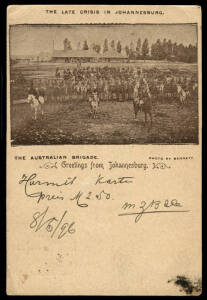 1896/97 1d South African postal cards headed "The Late Crisis in Johannesburg" showing "The Australian Brigade" used to Germany and "Fortifications at Auckland Park" also used to Germany plus a mint copy in a different printed colour.