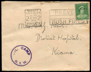 1940-49 censored group to local or overseas destinations, with domestic P.O. cancels and various censor or other cachets. Noted 1940 cover with "MIL. CAMP N.S.W." cachet and 1945 cover from Tatura No 2 Camp.
