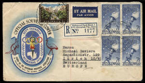7 Dec.1956 Melbourne Olympics Souvenir cover bearing Olympic issues, registered from MAIN STADIUM MELBOURNE by airmail to SWITZERLAND; with rare "Richmond Park Kiosk 1, XVI Olympiad" temporary R-label. Zurich arrival b/stamp.