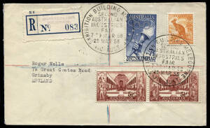25 Mar.1958 "SECOND AUSTRALIAN INDUSTRIES FAIR - EXHIBITION BUILDING MELBOURNE" cds's tieing adhesives on registered cover to England; R-label 083 with hand-stamped INDUSTRIES FAIR address. Scarce.