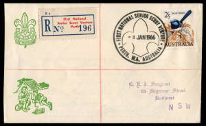 FIRST NATIONAL SENIOR SCOUT VENTURE - PERTH WA: Registered 'Last Day' cover, "8 JAN 1966" with commemorative postmark and red & blue registration label, No 196. [229 articles registered]; PM.215.