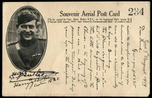 6 Aug.1919 (AAMC.22) Minlaton - Adelaide, flown Harry Butler postcard with printed message/signature, additionally signed "H.J. Butler", numbered 234. A fine example.