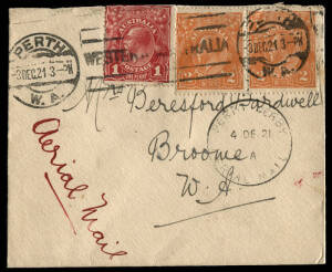 4 Dec.1921 (AAMC.56a) Perth - Geraldton flown cover, then per SS Bambra to Broome, for the inauguration of Australia's first regular air mail service. With the Western Australian Airways cachet, endorsed in red "Aerial Mail". Fine, missing a small portion