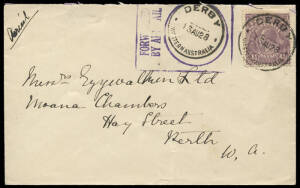 The rectangular "FORWARDED BY AIRMAIL" cachet: used on covers, as follows: BROOME June 1926; CAMOOWEAL Dec.1926; DERBY Aug.1928; MELBOURNE May 1927; ONSLOW Aug.1928; PORT HEDLAND July 1926.