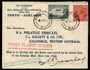 2 June 1929 (AAMC.137a) Forrest - Kalgoorlie intermediate flown cover, signed by the pilot Major Norman Brearley.