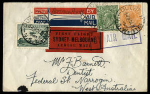1 Jan.1930 (AAMC.148,149) Sydney - Brisbane flown cover for the newly established airline Australian National Airways Ltd., addressed to WA, with 2 tied vignettes incl. "FIRST FLIGHT/SYDNEY - MELBOURNE/AERIAL MAIL" (Frommer.30a) and cachet "1st Flight Aus