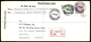 21 Feb.1930 (AAMC.152a) Brunette Downs - Camooweal, reg'd cover flown by Frank Neale for A.A.S. on their new route which provided a direct link with Darwin. Very small mails were flown to intermediate stops which were mainly isolated cattle stations and d