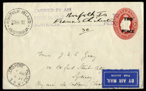 1 Apr.1931 (AAMC.183) Norfolk Island - Lord Howe Island 2d Envelope flown, signed and endorsed by Francis Chichester. Chichester was subsequently delayed at Lord Howe as a consequence of typhoon damage to his plane. Following repairs, he daprted on June 6