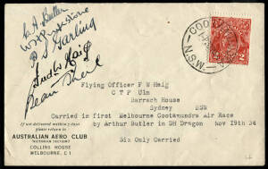 19 Nov.1934 (AAMC.462) flown cover for the first Melbourne - Cootamundra Air Race. Signed by the pilot C.A. Butler, F.W. Haig, B. Shiel and 2 other. Rare, 6 only carried.