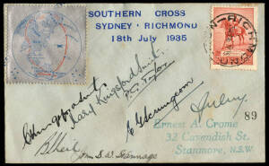 18 July 1935 (AAMC.515) The Last Flight of the "Southern Cross" souvenir cover flown from Mascot to Richmond, with special vignette and signed by all 7 on board including Charles Kingsford Smith, P.G. Taylor & John Stannage. [cover #89].