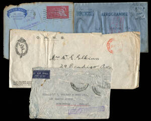 Group of crash covers (AAMC.782a,843,1337 & 1622a) 4 Dec.1937 Melb. - England 'Cygnus' cover with violet cachet, 18 Jan.1939 Darwin - Adelaide, 'Koranga' stampless cover addressed to Melb. with PMG delivery envelope, 13 Mar.1934 'Belfast' Singapore crash 