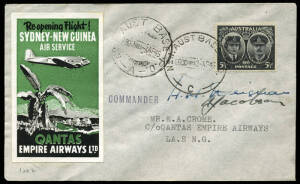 2 Apr.1945 (AAMC.1002) Sydney - Lae cover flown by Qantas on re-opening of service, with black/green vignette & signed by Capts. Deignan & Jacobson.