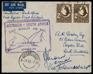 1 Sept.1952 (AAMC.1307,1308 & 1308a) Qantas group for the 1st direct service to South Africa with a Sydney - Johannesburg plain cover signed by Capt. Jackson & J. Cowan the Navigator. Commemorative covers, Sydney - Sth Africa, Cocos Island & Mauritius, Co
