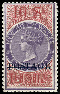 1894 (SG.275b) 10/- violet & claret, perf. 12 x 11, optd. 'POSTAGE' in blue. Superb. Cat.&pound;225.