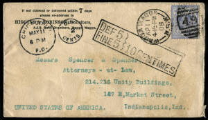 Apr.1908 cover from WAGGA WAGGA with 2d Jubilee tied by duplex "49" addressed to U.S.A., with boxed "DEF 5/ FINE 5} 10 CENTIMES" short-payment handstamp; "CHICAGO DUE 2 CENTS" duplex on front & INDIANAPOLIS arrival b/stamp (May 12).