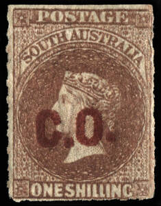 "C.O." [Commissariat Office] in red on 1868 rouletted 1/- lake-red; large part o.g. Rare.