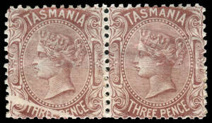 1880-91 (SG.165/165b) 3d red-brown, horizontal pair (with lower margin showing Plate 5 stuck down) showing the dramatic "Plate scratch" at R10/1. Mint.