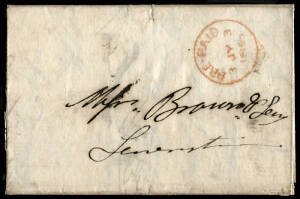 Group starting with 1856 (Jul.3) entire Hobart Town - Launceston with Pre Paid cds on the front and boxed on the reverse, with 6 franked covers incl. 1863 cover Hobart Town - Melbourne, franked with 6d, from the Vicar General and 1870(Jul.16) cover New No