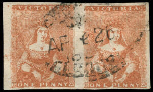 1854-57 (SG.26) Seventh Printing - Stone 2: 1d brown pair, [15-16], [16, repaired] with flaw in "PENNY", good to large margins, unusually sharing GEELONG Newspaper oval datestamp; fine appearance.