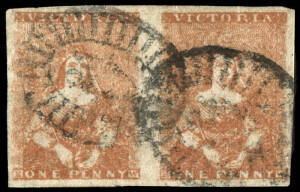 1854-57 (SG.27) Eighth Printing - Stone 3: 1d orange-brown pair [8-9], good to large margins and both cancelled by Barred Oval "26" of LINDSAY (RR); couple of natural pinholes though of very fine appearance. An estimated 800,000 stamps were printed from S