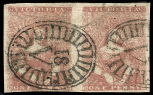 1854-57 (SG.28a) Ninth Printing - Stone 4/5: 1d rose pair [9-10], good margins all sides, cancelled by Barred Oval "18" of PORTLAND. An attractive pair.Provenance: John Barwis, 2012