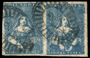 1854-57 (SG.29) Seventh Printing: 3d bright blue pair [5-6], [6] showing prominent secondary flaw below upper right corner square and not described by Purves, good to large margins and each unit cancelled by Barred Oval "2" of GEELONG; fine. Provenance: J