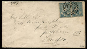 1854-57 (SG.29a) Seventh Printing: 3d greenish blue pair [1-2], good to large margins, neatly cancelled by Barred Numeral "145" of CHEWTON & tied on 1858 (Nov.13) envelope to London, the reverse with Chewton unframed oval, Melbourne (16.11) and London (11