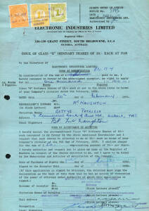 1959 group of legal documents (Form of Renunciation) with single and multiple frankings of Stamp Duties of various issues to 9/2. Noted 1903 3/- Orange, 4/- Blue, 1904 1/6 Yellow and 1914 8/- Pink. All fine.