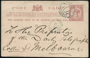 BN "802" with CASHEL cds alongside on 1d Postal Card used Jan.1889 to Melbourne; with arrival backstamp.