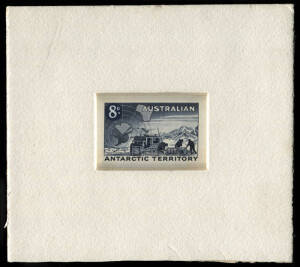 1959 (SG.3) 8d on 7d deep blue essay DIE PROOF on white wove paper with the denomination handpainted in dark blue and Chinese white; imperforate and mounted in sunken card, with CBA handstamp on reverse. One of only nine produced, this one from the Estate