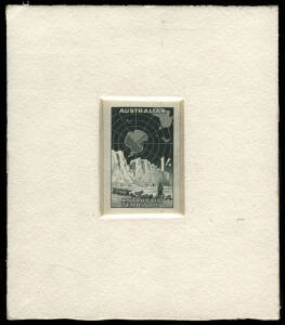 1959 (SG.4) 1/- deep blue-green DIE PROOF on white wove paper; imperforate and mounted in sunken card, with CBA handstamp on reverse. One of only nine produced, this one from the Estate of W.L. Russell (Stamp Advisory Committee) numbered "19". Superb. BW: