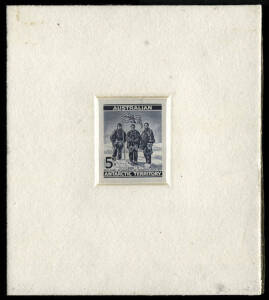 1961 (SG.6) 5d deep blue DIE PROOF on white wove paper; imperforate and mounted in sunken card, with CBA handstamp on reverse. One of only ten produced, this one from the Estate of W.L. Russell (Stamp Advisory Committee) numbered "16". Superb. BW:AAT3DP(1