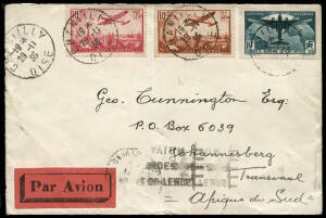 Nov.1936 airmail cover from CHANTILLY to Johannesburg TRANSVAAL, bearing 2.50fr, 3.50fr Airmails together with the scarce 10fr Trans-Atlantic Airmail. A wonderful franking; with PARIS transit stamps on reverse.