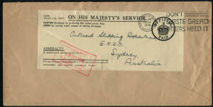 Group of OHMS covers, majority 1946, to Sydney Australia re Naval Stores. Various markings and cachets noted "Commanding Officer / HMS Nabstock", Admiralty Whitehall cachet and machine cancel "Don't waste bread others need it".