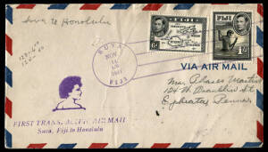 14 Nov.1941 Suva - Honolulu PAA flown cover; Fiji Airways Oct.-Nov.1964 Fiji - Gilbert & Ellice Is & return pair, 2nd pair addressed to Eustis & signed by pilot; 24-28 Oct.1964 Fiji -Tonga & return; Air New Zealand, Dec.1973 Auckland - Rarotonga - Samoa -