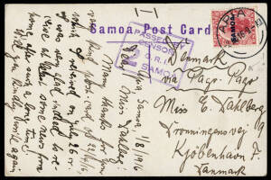 Aug.1916 usage of 1d Dominion, attractively tied on a CENSORED RP postcard (Samoan Children, A.T.Photo) to DENMARK.