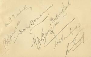 c1935-39 AUTOGRAPH BOOK, with c49 signatures, includes Australian cricketers (16) including Don Bradman, Bill Woodfull & Bill Woodfull; tennis players including Fred Perry, Adrian Quist, Jack Crawford, Nancy Wynne, Thelma coyne & Nell Hopman.