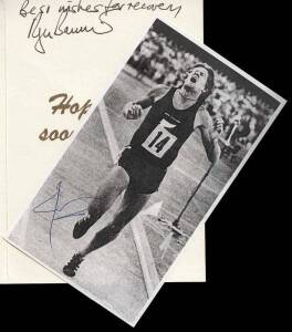 WORLD ONE MILE RECORD AUTOGRAPHS: card signed by Roger Bannister; plus signed pictures of Sydney Wooderson, Arne Andersson, John Walker & Steve Cram. Also Barcelona 1992 USA Participant Pass.