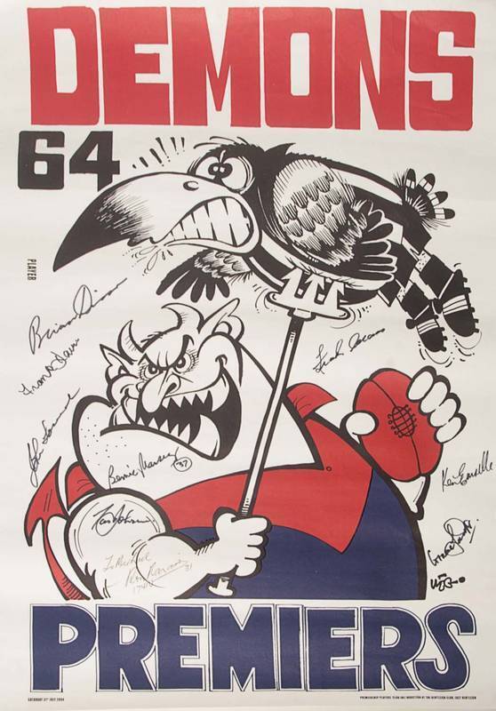 SPORTS GROUP, noted Weg caricature posters (13) including 1961 signed John Kennedy & Graham Arthur; 1964 with 9 Melbourne signatures; 1960s glasses for Hawthorn (2); 1998 "Collingwood 1958 Premiership Re-Union" cards [24]; 1956 Olympics Opening ceremony L