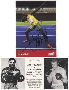 SPORT AUTOGRAPHS: Cards signed by Usain Bolt, Frank Bruno & Jeff "Hitman" Harding. Also programme & ticket for 1973 Joe Frazier v Joe Bugner fight.