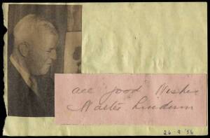 WALTER LINDRUM (1898-1960, the greatest Billiards player of all time), signature on autograph page.