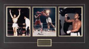 MUHAMMAD ALI v RON LYLE, display comprisng photograph signed by Muhammad Ali & Ron Lyle, window mounted with two other photographs of Muhammad Ali, framed & glazed, overall 91x55cm. With CoA.