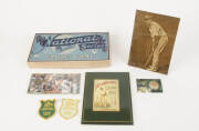 CRICKETANA, noted 1850s belt buckle; Don Bradman cup & saucer sets (2); Don Bradman plates (2); Don Bradman jig-saw puzzles (7); replica ceramic Ashes urn; Adelaide Oval; Bradman Medal posters; calendars; cricket games (5); stamps; various badges; bowler'