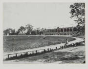 MELBOURNE CRICKET GROUND: Reprinted photograph "Entire Ground Staff and Equipment at Melbourne Cricket Ground in Preparation for the First Test Match March 1877", limited edition 3/50, window mounted, framed & glazed, overall 51x41cm.